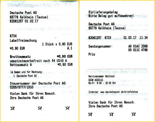 Die passenden Belege zum Kompaktbrief, die Quittung über die 90 Cent Zusatzentgelt (links) und der Einlieferungsbeleg mit der Sendungsnummer (rechts)