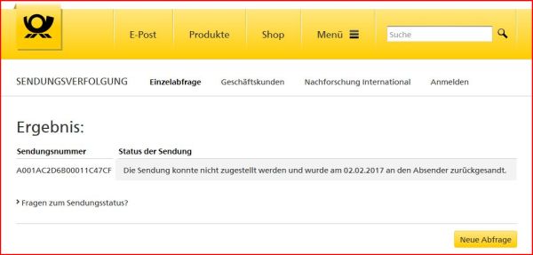Ist die Sendung aus welchen Gründen auch immer, nicht zustellbar, lautet die Info 