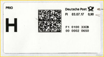 Vorversuch Digitalmarke mit integrierter Prio-Kennzeichnung vom ersten Tag 3. Juli 2017 vom einzigen Schalter aus der Filiale am Posttower