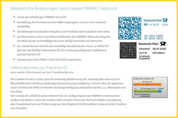 Bildschirmkopie mit Informationen zum neuen Frankit-Abdruck von der Webseite der Firma Francotpy-Postalia 