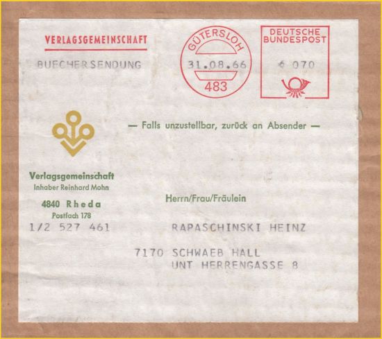Seltene DV-Freimachung aus dem ersten Jahr der Versuchszeit (1966) – hier noch in Form eines Absenderfreistempels mit schwarz eingedruckter DV-Zeile (Versendungsform, Datum, Posthorn, Entgelt)