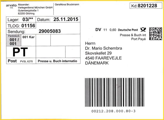 Anschiftenzettel für eine Pressesendung (Presse Buch International zum Kilotarif Land) vom 25. November 2015 mit DV-Freimachung mit Datamatrixcode und Leitcode für den Versand über die Paketzentren
