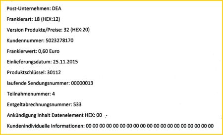 Dateninhalt des Datamatrixcodes von Anschriftenzettel für eine Pressesendung mit der Software BC-Tester ausgelesen