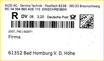 Fensterausschnitt eines seltenen Einschreibens mit DV-Freimachung aus dem August 2017 mit Datamatrixcode