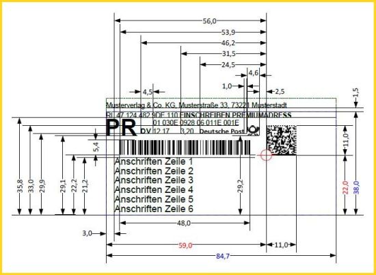  Genaue Vermessungsangaben von der Post, wo was in welcher Größe zu stehen hat, bei der Kombination Premiumadress-Einschreiben mit Frankier-ID, Linearcode und Datamatrixcode