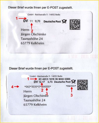 Bildmontage mit Fensterausschnitt vom selben Absender ohne und mit Frankier-ID im Vergleich – oben die alte Version – unten die neue Version – 1. neue Frankier-ID, - 2. hier auch mit Jahresangabe – 3. Konsolidierer-Nummer – 4. optionale Infozeile