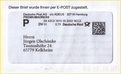 Fensterausschnitt eines Standardbriefes mit DV-Freimachung mit neuer Frankier-ID und der Zusatzleistung Premiumadress – hier ohne Infozeile und ohne Jahresangabe der Erstellung der Freimachung