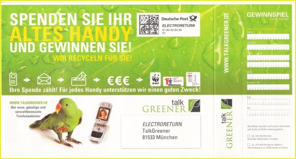 Versandtasche Elektroreturn von talkGREENER aus der Anfangszeit Versandtasche Elektroreturn von talkGREENER aus der Anfangszeit