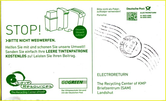 Echt gelaufener Umschlag vom 14. März 2015 ans Recycling Center of KMP, der hier eher aus Versehen beim Abgang im Briefzentrum 87 mit einem Handrollstempel versehen wurde
