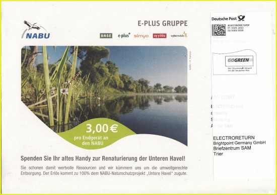 Aufbrauchsumschlag Electroreturn vom NABU – rechts sieht man teilweise noch deutlich unter dem neuen Freimachungsaufkleber den alten Freimachungsvermerk mit dem alten Kooperationspartner durchschimmern – statt nach Starnberg sollten die Umschläge nun nach Trier geschickt werden Aufbrauchsumschlag Electroreturn vom NABU – rechts sieht man teilweise noch deutlich unter dem neuen Freimachungsaufkleber den alten Freimachungsvermerk mit dem alten Kooperationspartner durchschimmern – statt nach Starnberg sollten die Umschläge nun nach Trier geschickt werden
