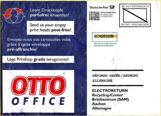 Vorderseite des ersten bekannten Umschlags von Otto Office für Electroreturn International