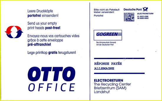 Vorderseite des zweiten bekannten Umschlags von Otto Office für Electroreturn International (aus Plastik)