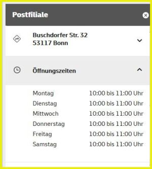 Öffnungszeiten am Beispiel 53117 Bonn Buschdorf in der Buschdorfer Str. 32