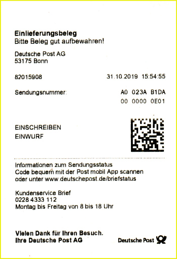 Einlieferungsschein zu dem Einwurf-Einschreiben mit Datamatrixcode für die schelle Sendungsverfolgung über die Post-App