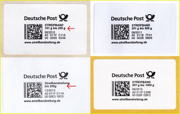 Montage von vier verschiedenen Produktmarken Streifbandzeitung, teils für verschiedene Portostufen, teils verschiedene Teilauflagen. Dabei befindet sich links unten eine der Produktmarken bei der die Gewichtsangabe statt 101g bis 250g nur bis 250g lautet Montage von vier verschiedenen Produktmarken Streifbandzeitung, teils für verschiedene Portostufen, teils verschiedene Teilauflagen. Dabei befindet sich links unten eine der Produktmarken bei der die Gewichtsangabe statt 101g bis 250g nur bis 250g lautet
