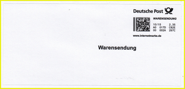 Warensendungsaufkleber mit Herstellungsdatum 10/15 für die Portostufe 235 Cent für bis 1000g und 150 mm Dicke, die es bis zum 30. Juni 2018 gab Warensendungsaufkleber mit Herstellungsdatum 10/15 für die Portostufe 235 Cent für bis 1000g und 150 mm Dicke, die es bis zum 30. Juni 2018 gab