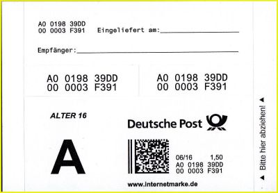 Produktmarke für die Zusatzleistung Alterssichtprüfung „Alter 16“ aus einem 10er Set Produktmarke für die Zusatzleistung Alterssichtprüfung „Alter 16“ aus einem 10er Set
