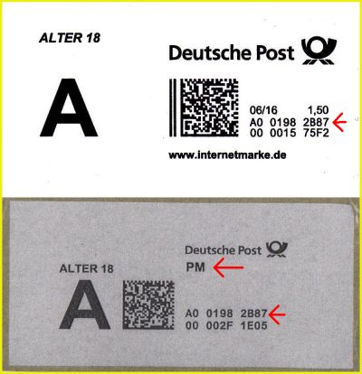 Bildmontage von der Produktmarke „Alter 18“ oben der Vorläufer, unten eine Kopie der einzigen bisher bekannten Produktmarke im neuen Design Bildmontage von der Produktmarke „Alter 18“ oben der Vorläufer, unten eine Kopie der einzigen bisher bekannten Produktmarke im neuen Design