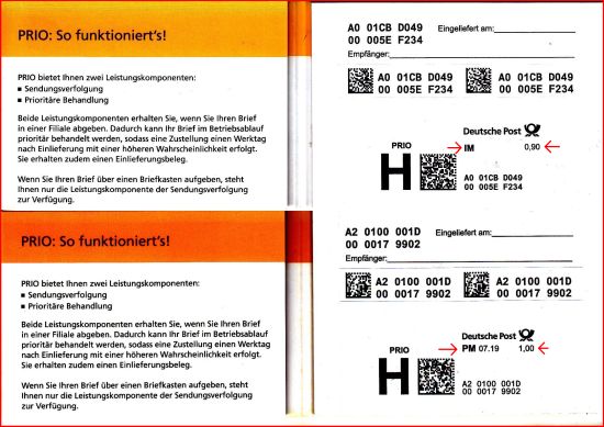 Bildmontage Produktmarke Priolabel aus einem 10er Verkaufsset, oben der Vorläufer noch mit der irreführenden Kennung IM für Internetmarke, unten im aktuellen richtigen Design mit dem Herstellungsdatum PM 07.19 und der neuen Wertangabe 100 Cent Bildmontage Produktmarke Priolabel aus einem 10er Verkaufsset, oben der Vorläufer noch mit der irreführenden Kennung IM für Internetmarke, unten im aktuellen richtigen Design mit dem Herstellungsdatum PM 07.19 und der neuen Wertangabe 100 Cent