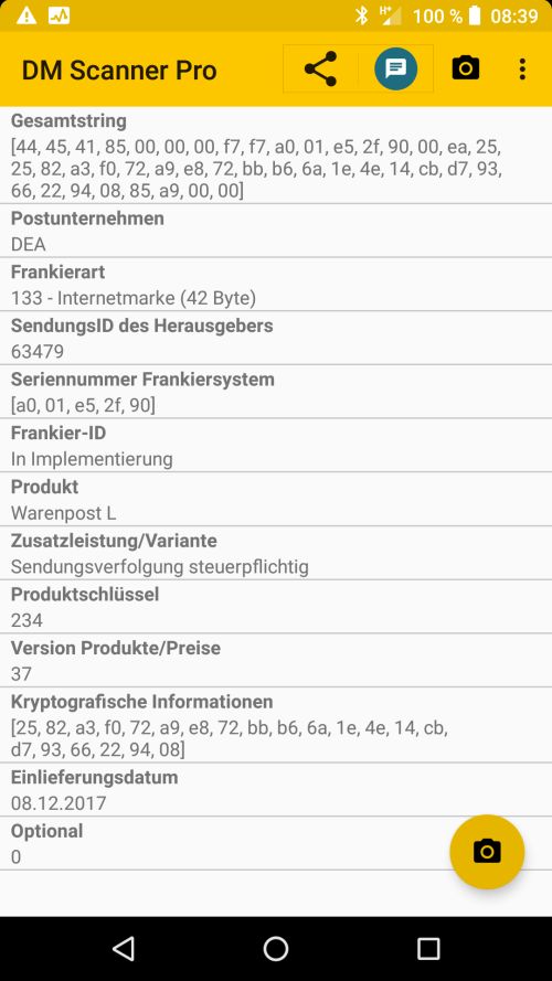 Auslesung des obigen Labels mit App DM Scanner Pro - es handelt sich also um ein Label für die Warenpost L (2,60 Euor + MWST) Auslesung des obigen Labels mit App DM Scanner Pro - es handelt sich also um ein Label für die Warenpost L (2,60 Euor + MWST)