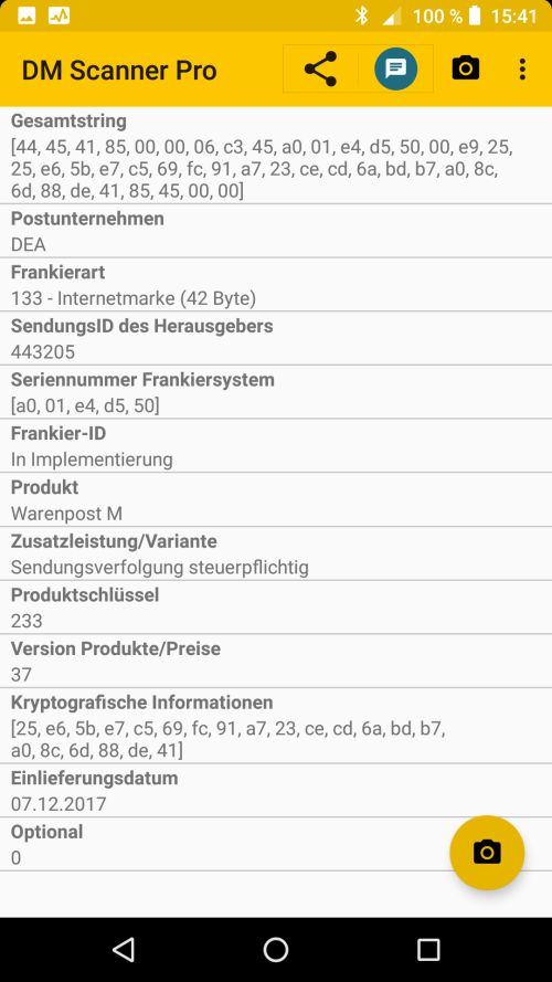 Auslesung des obigen Labels mit App DM Scanner Pro - es handelt sich also um ein Label für die Warenpost M (2,80 Euro + MWST) Auslesung des obigen Labels mit App DM Scanner Pro - es handelt sich also um ein Label für die Warenpost M (2,80 Euro + MWST)