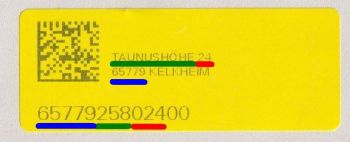 Das neue Korrektur-Label mit Farbmarkierungen - blau ist die PLZ des Autors, grün die Straßenkodierung (die Zahl 258) und rot die Hausnummer 24 intern durch eine führende Null zu einer dreistelligen Zahl ergänzt