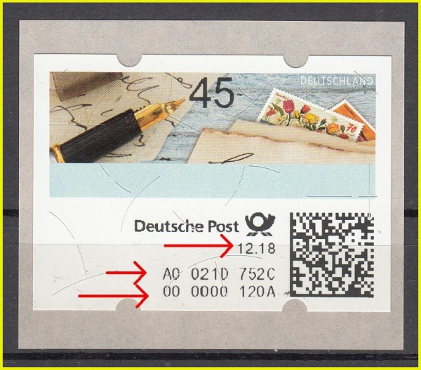 Die neue ATM, gekauft im Dezember 2018 (12.18 - erster roter Pfeil), der oberen 10-stelligen Hexadezimalzahl, die den Standort festlegt (hier A0 021D 752C - Köln-Bayenthal, Bonner Straße 351 - siehe zweiter roter Pfeil) und darunter die zweite Zeile - auch eine 10-stellige Hexadezimalzahl mit fortlaufender Zählnummer (neun Stellen - 120 in Hexadezimal) sowie an der zehnten Stelle die Prüfziffer - hier 