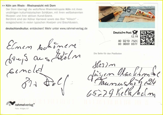 Ansichtspostkarte aus Köln vor dem Standort Köln Bayenthal in den Briefkasten geworfen – die Karte ist zwar kodiert, aber nicht gestempelt – sie wurde elektronisch entwerte