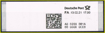 Briefmarke mit dem Höchstwert 17 Euro für einen Maxibrief von 1000 bis 2000 Gramm International vom 13. Februar2021 vom Standort Würselen im schmalen Format, hier noch mit der alten Standortkennung 
