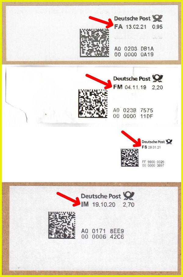 Vergleich von ähnlichen Freimachungsvermerken mit Datamatrixcode von oben nach unten:  Oben mit „FA“ die neue ATM 11, die unbegrenzt frankaturgültig ist, darunter mit „FM“ die „Filialmarke“ von Kleinstpostämtern, die nicht an Kunden abgegeben werden darf, gefolgt von „FS“ für den neuen Frankierservice mit DMC, der in den Briefzentren eingesetzt wird und unten eine aktuelle Internetmarke für einen Maxibrief , die jeder kaufen kann, die aber laut AGB nur 3 Jahre ab Kaufdatum gültig ist