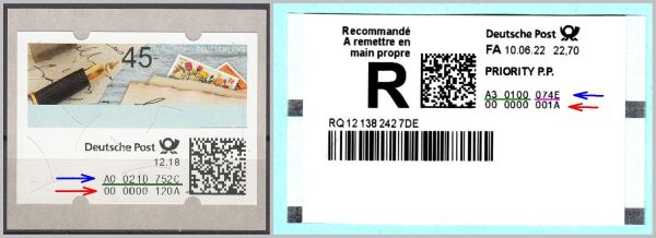 Vergleich des Aufbaus ATM 10 mit der neuen ATM: links die ATM 10 – rechts die neue Automatenmarken. Die blauen und roten Pfeile zusammen sind die Frankier-ID. Der rote Pfeil ist eine fortlaufende neunstellige hexadezimale Zählnummer, ergänzt um eine Prüfziffer. Der blaue Pfeil zeigt die eindeutige Standortkennung an. Während diese bei der ATM 10 aus einer zehnstelligen Hexadezimalzahl besteht, ist sie bei der neuen ATM in zwei Komponenten unterteilt, den feststehenden sechsstelligen Teil sowie den jeweiligen Nummernkreis für das gleiche Produkt an diesem Standort. Die Matrix ist aber gleich groß und basiert auf der selben Technologie, nur der Klarschriftteil ist unterschiedlich gestaltet