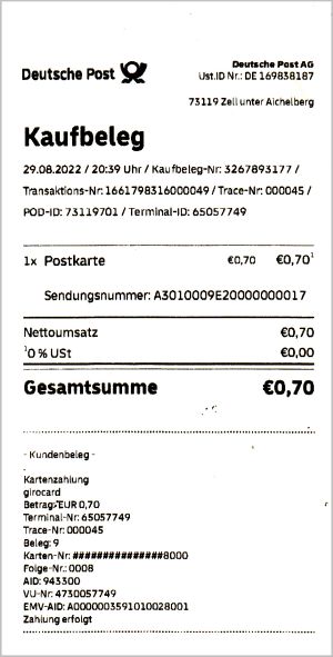 Die Kaufquittung zu dem Mischfrankaturbeleg aus 73119 Zell unter Aichelberg