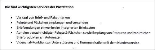 Ausschnitt aus der Pressemitteilung der Deutschen Post vom 19. Juni 2023 mit den fünf wichtigsten Services der Poststation