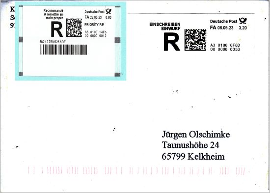 Einwurf-Einschreibebrief mit Frühdatum schmale ATM vom 6. Mai 2023 sowie dazu eingeblendet eine ATM EBf-International-Eigenhändig vom 28. Mai 2023, die aufgrund der Beschriftung weiter doppelte Größe haben müssen