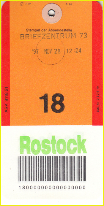 Nachtluftpost-Beutelfahne mit Stempel vom Briefzentrum 73 für das Briefzentrum 18 (Rostock) Nachtluftpost-Beutelfahne mit Stempel vom Briefzentrum 73 für das Briefzentrum 18 (Rostock)