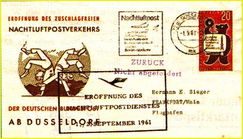 Erste Nachluftpost Düsseldorf - Frankfurt mit dem Gesellschaftstempel der Lufthansa. Die Erstflugbriefe der Firma Sieger erhielten in den zen Städten des Nachtluftpost-Netzes am 1. September 1961 den Maschinenwerbestempel Erste Nachluftpost Düsseldorf - Frankfurt mit dem Gesellschaftstempel der Lufthansa. Die Erstflugbriefe der Firma Sieger erhielten in den zen Städten des Nachtluftpost-Netzes am 1. September 1961 den Maschinenwerbestempel