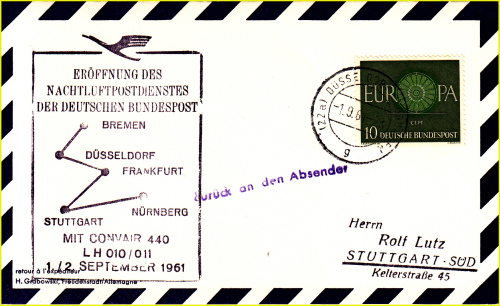 Erstflugbeleg (1. September 1961) der Strecke Düsseldorf nach Stuttgart mit Streckenstempel Erstflugbeleg (1. September 1961) der Strecke Düsseldorf nach Stuttgart mit Streckenstempel