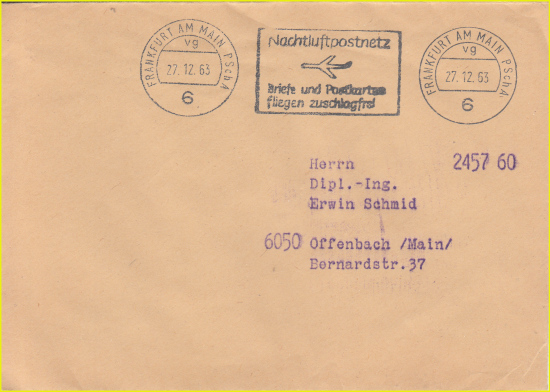 Postsache vom Postgiroamt Frankfurt mit Bandwerbestempel für das Nachtluftpostnetz (27. Dezember 1963) Postsache vom Postgiroamt Frankfurt mit Bandwerbestempel für das Nachtluftpostnetz (27. Dezember 1963)