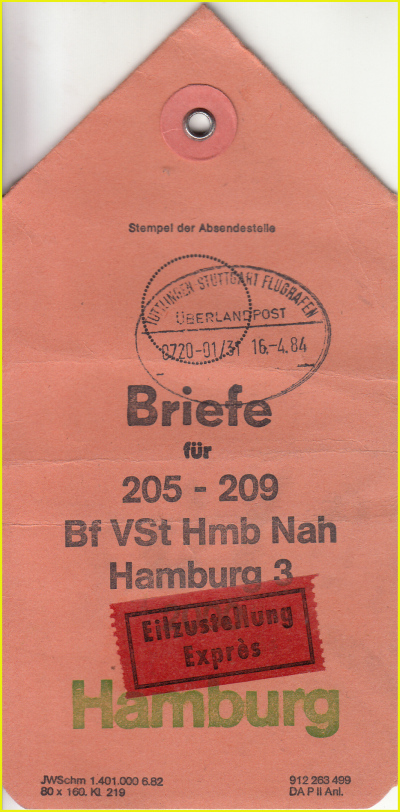 Nachtluftpostbeutelfahne für Eilbriefe nach Hamburg von einer Überlandpoststrecke zum Stuttgarter Flughafen (1984) Nachtluftpostbeutelfahne für Eilbriefe nach Hamburg von einer Überlandpoststrecke zum Stuttgarter Flughafen (1984)
