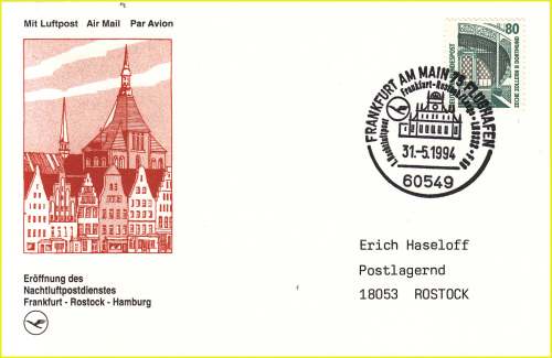 Brief vom Eröffnungsflug des Nachtluftpostdienstes Frankfurt - Rostock/Laage am 31. Mai 1994
