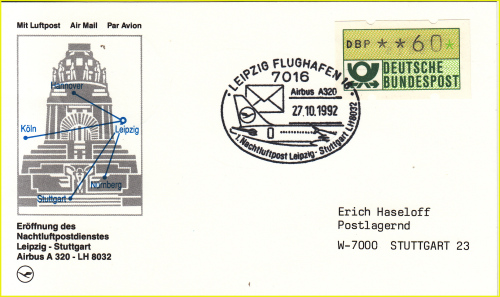 Erster Flugbestätigungsstempel zum Nachtluftpostnetz überhaupt! Zur Eröffnung des Sachsensterns in Leipzig am 27. Oktober 1992 Erster Flugbestätigungsstempel zum Nachtluftpostnetz überhaupt! Zur Eröffnung des Sachsensterns in Leipzig am 27. Oktober 1992
