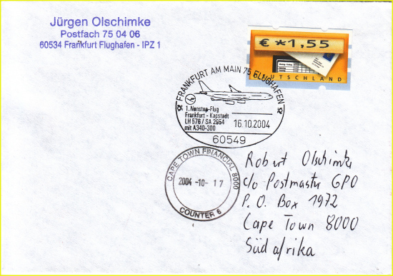 Brief vom Erstflug vom 16. Oktober 2004 Frankfurt - Kapstadt mit der LH 576 mit dem A340-300 und den passenden Ankunftsstempel aus Kapstadt vom 17. Oktober 2004 Brief vom Erstflug vom 16. Oktober 2004 Frankfurt - Kapstadt mit der LH 576 mit dem A340-300 und den passenden Ankunftsstempel aus Kapstadt vom 17. Oktober 2004