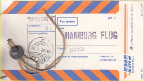 EMS-Beutelfahne aus Porto vom 12. Juli 1988 nach Hamburg - ähnlich wie bei Einschreiben werden diese extra gefertigt EMS-Beutelfahne aus Porto vom 12. Juli 1988 nach Hamburg - ähnlich wie bei Einschreiben werden diese extra gefertigt
