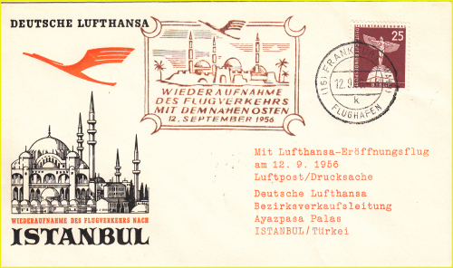 Luftpostdrucksache als Erstflugbeleg für die Wiederaufnahme des Flugverkehrs in den Nahen Osten von Frankfurt nach Istanbul (Türkei) am 12. September 1956 und rückseitigen Ankunftsstempel aus Istanbul Luftpostdrucksache als Erstflugbeleg für die Wiederaufnahme des Flugverkehrs in den Nahen Osten von Frankfurt nach Istanbul (Türkei) am 12. September 1956 und rückseitigen Ankunftsstempel aus Istanbul