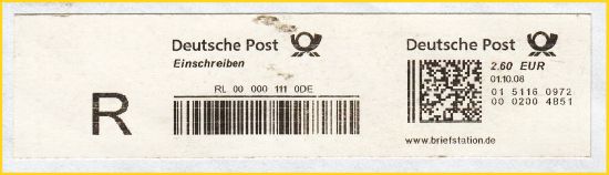 Der erste maschinell aufgeklebte Frankierstreifen der Briefstation für ein Einschreiben vom Standort 02 (Gutleutstraße - BZ 60) vom ersten Tag kurz nach Mitternacht Der erste maschinell aufgeklebte Frankierstreifen der Briefstation für ein Einschreiben vom Standort 02 (Gutleutstraße - BZ 60) vom ersten Tag kurz nach Mitternacht