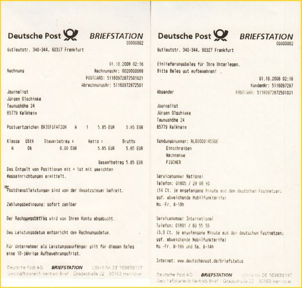 Die zum eben gezeigten Nachnahmeeinschreibebrief ins Ausland dazugehörigen Quittungen, der Einlieferungsschein und die Quittung selbst Die zum eben gezeigten Nachnahmeeinschreibebrief ins Ausland dazugehörigen Quittungen, der Einlieferungsschein und die Quittung selbst