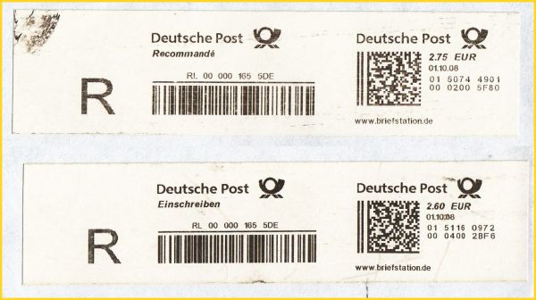 Montage der beiden Frankierausschnitte untereinander zum besseren Vergleich - oben vom Standort 02 aufgeliefert um 10 Uhr 14 die Einschreibnummer 165 ins Ausland - unten die gleiche Einschreibnummer auch vom Ersttag, hier allerdings vom Standort 04 als Inlandseinschreiben Montage der beiden Frankierausschnitte untereinander zum besseren Vergleich - oben vom Standort 02 aufgeliefert um 10 Uhr 14 die Einschreibnummer 165 ins Ausland - unten die gleiche Einschreibnummer auch vom Ersttag, hier allerdings vom Standort 04 als Inlandseinschreiben