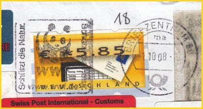 Ausschnitt aus einer portogerechten Nachnahme ins Ausland vom Ersttag mit ATM mit Punkt Ausschnitt aus einer portogerechten Nachnahme ins Ausland vom Ersttag mit ATM mit Punkt