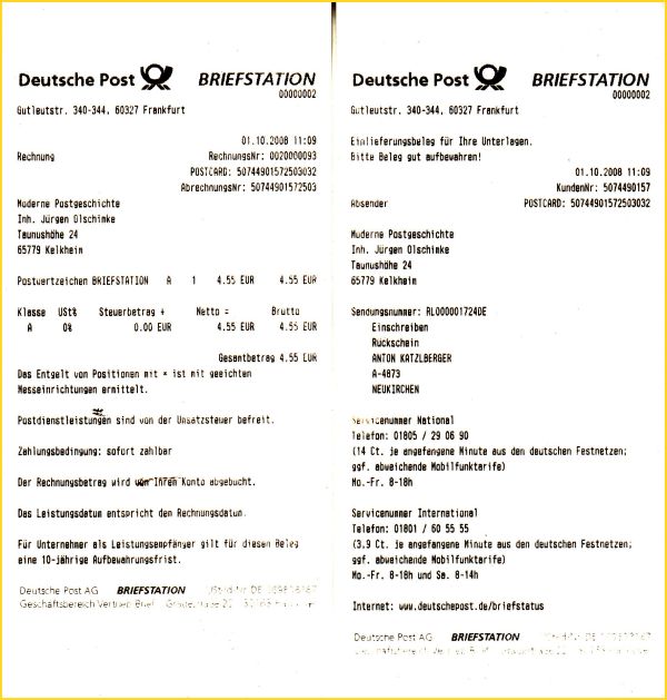 Die dazugehörigen Quittungen zum eben gezeigten Einschreiben Rückschein ins Ausland mit der Rechnungsnummer 93 und der Aufgabeuhrzeit 11 Uhr 09 - damit beispielsweise die Anschrift auf dem Einlieferungsschein auch gedruckt wird, mußte diese jeweils vorher natürlich mittels Bildschirm Buchstabe für Buchstabe einzeln eingegeben werden, was natürlich auch seine Zeit kostet Die dazugehörigen Quittungen zum eben gezeigten Einschreiben Rückschein ins Ausland mit der Rechnungsnummer 93 und der Aufgabeuhrzeit 11 Uhr 09 - damit beispielsweise die Anschrift auf dem Einlieferungsschein auch gedruckt wird, mußte diese jeweils vorher natürlich mittels Bildschirm Buchstabe für Buchstabe einzeln eingegeben werden, was natürlich auch seine Zeit kostet