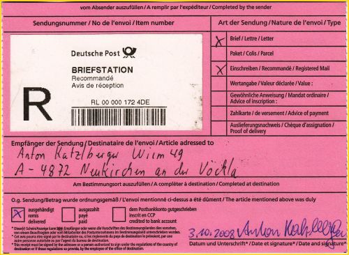 Zur Ergänzung der Dokumentation hier noch die Rückseite des Rückschein, dazu gab die Maschine ein zweites doppeltes Einschreiblabel auf, das natürlich erst auf den Rückschein geklebt werden musste, bevor dieser dann auf die Rückseite des zu versendenden Briefes geklebt wurde, um dann in die Maschine eingelegt werden zu können - erst danach erhielt man dann auch die eben gezeigten Quittungen Zur Ergänzung der Dokumentation hier noch die Rückseite des Rückschein, dazu gab die Maschine ein zweites doppeltes Einschreiblabel auf, das natürlich erst auf den Rückschein geklebt werden musste, bevor dieser dann auf die Rückseite des zu versendenden Briefes geklebt wurde, um dann in die Maschine eingelegt werden zu können - erst danach erhielt man dann auch die eben gezeigten Quittungen